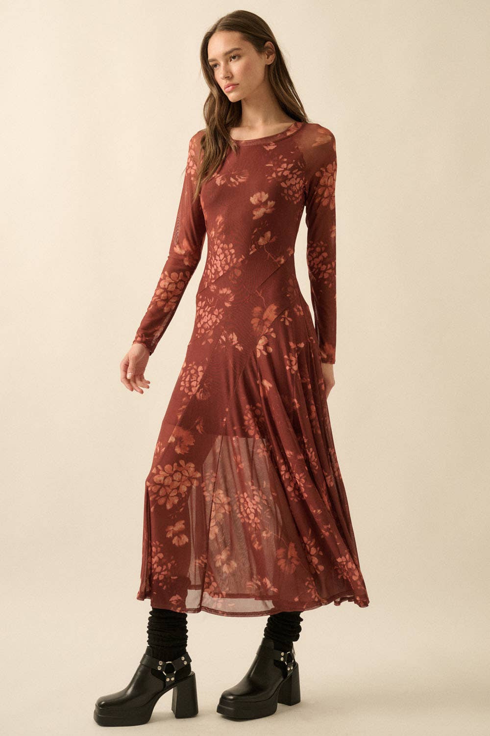 Floral Mesh Asymmetrical Paneled Midi Dress