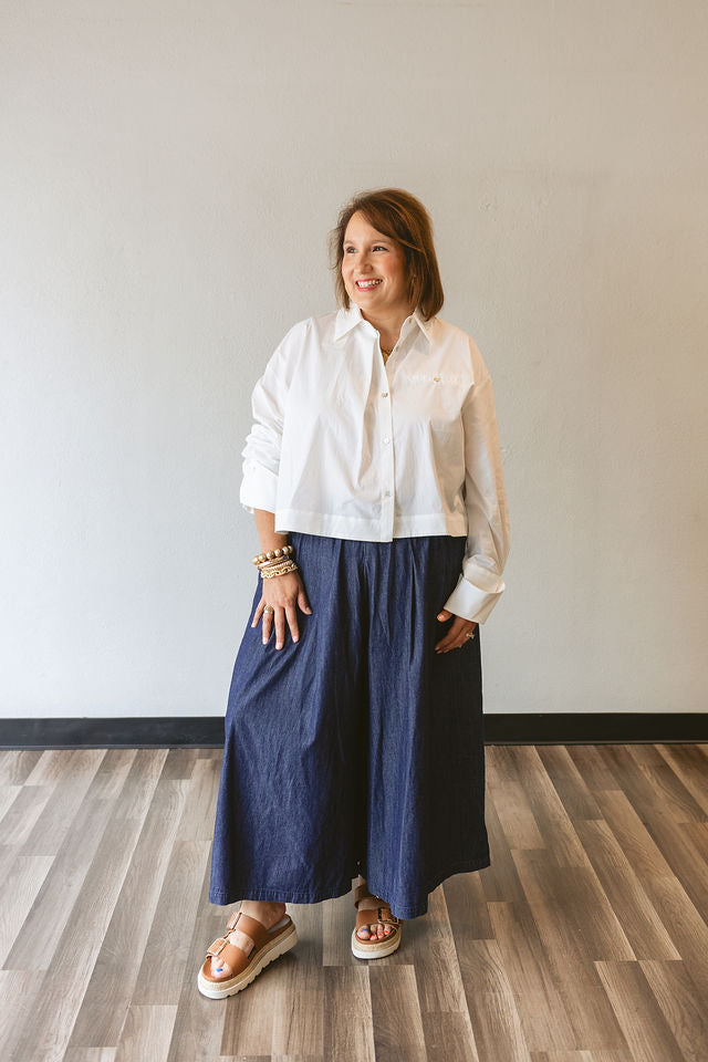 Chambray Pleated Wide Leg Pants