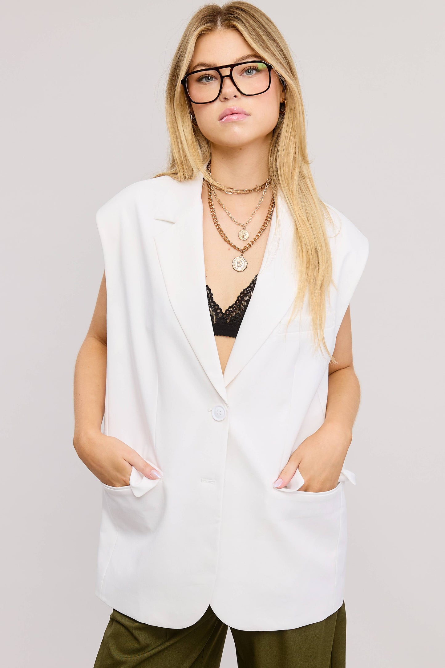 Structured Oversized Blazer Vest with Shoulder Pads