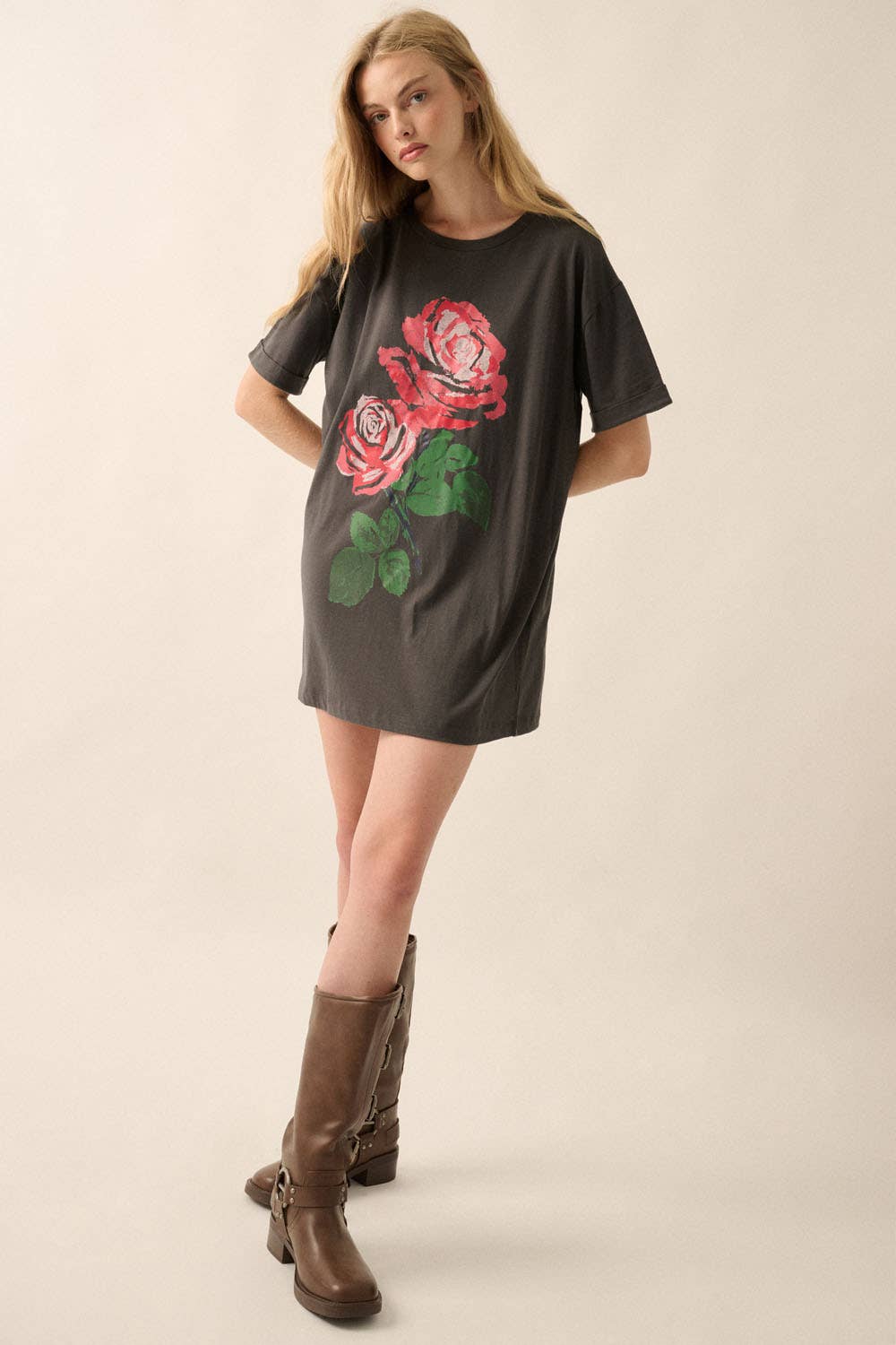 Roses Vintage-Wash Oversize Graphic Tee