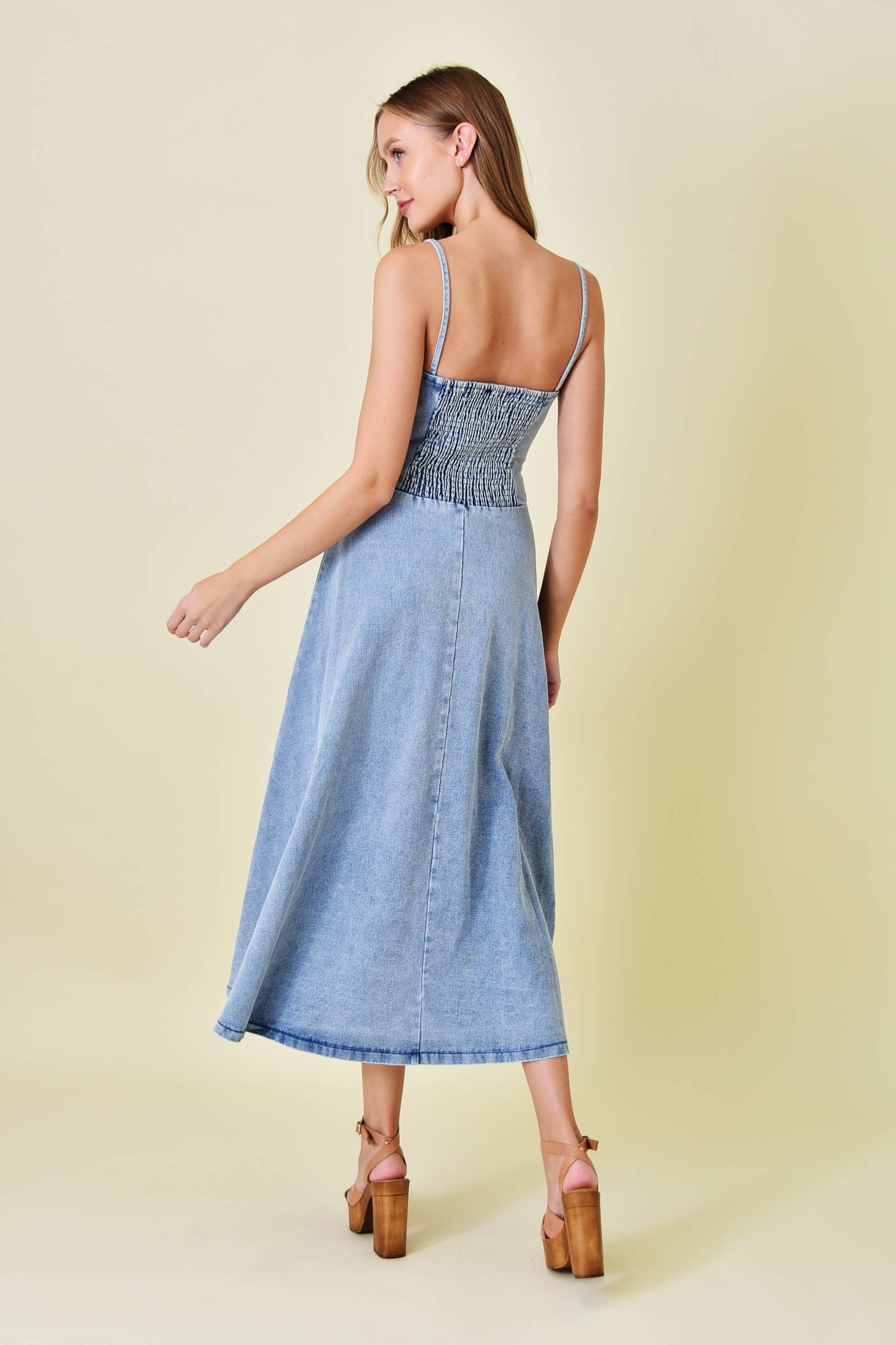VINTAGE WASH SPG STRAP A-LINE MIDI DENIM DRESS