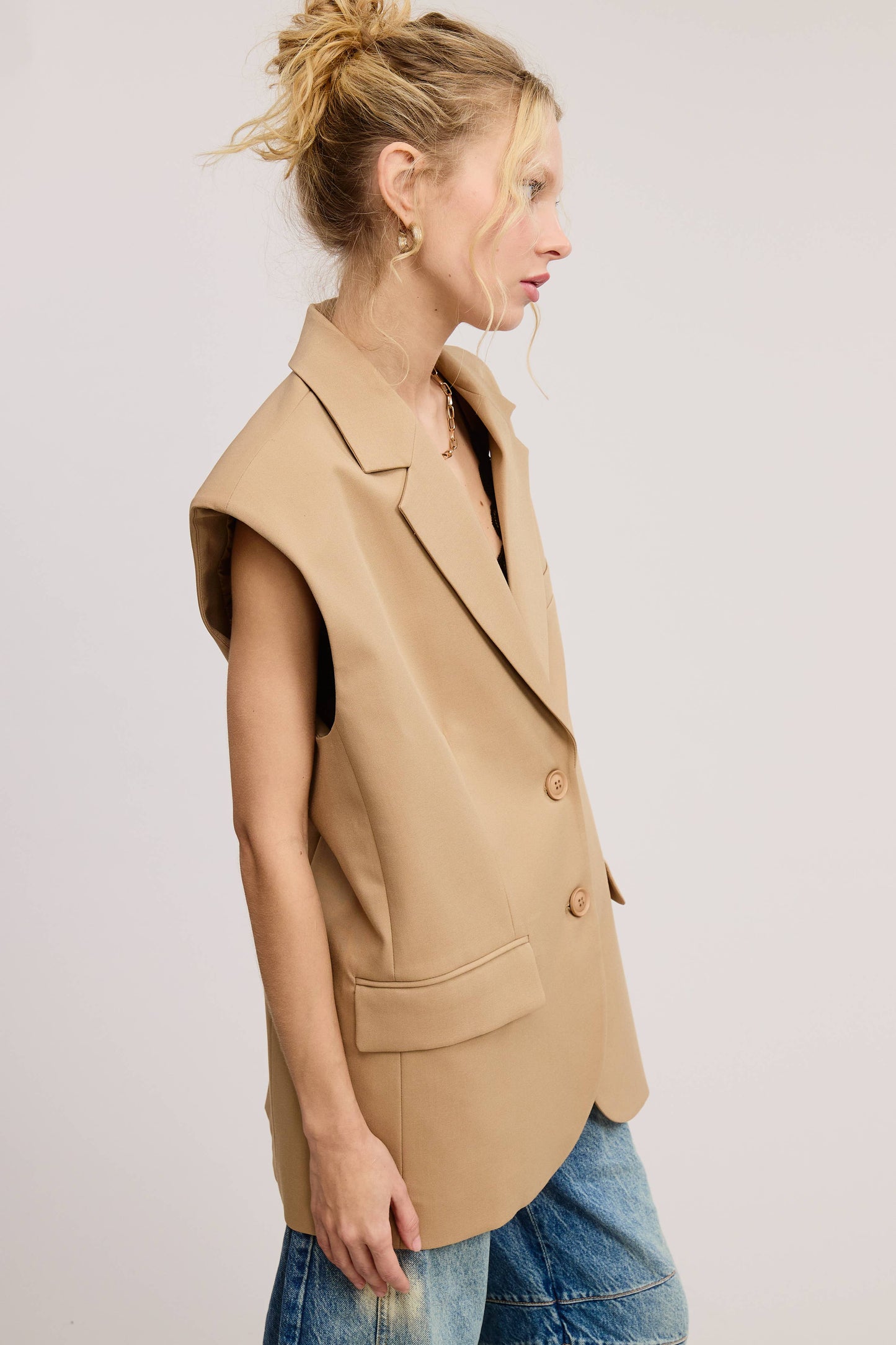 Structured Oversized Blazer Vest with Shoulder Pads