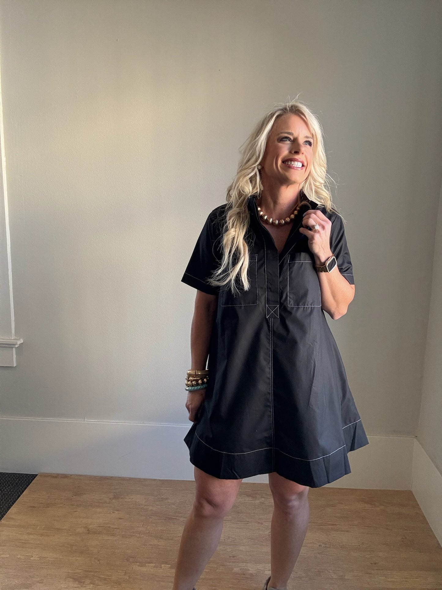 High Neck Short Sleeve Swing Mini Dress