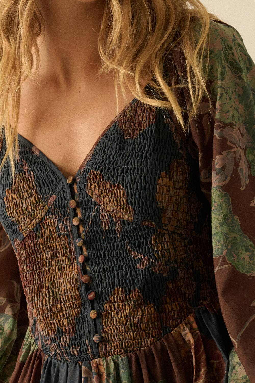 Floral-Print Smocked Sweetheart Maxi Peasant Dress