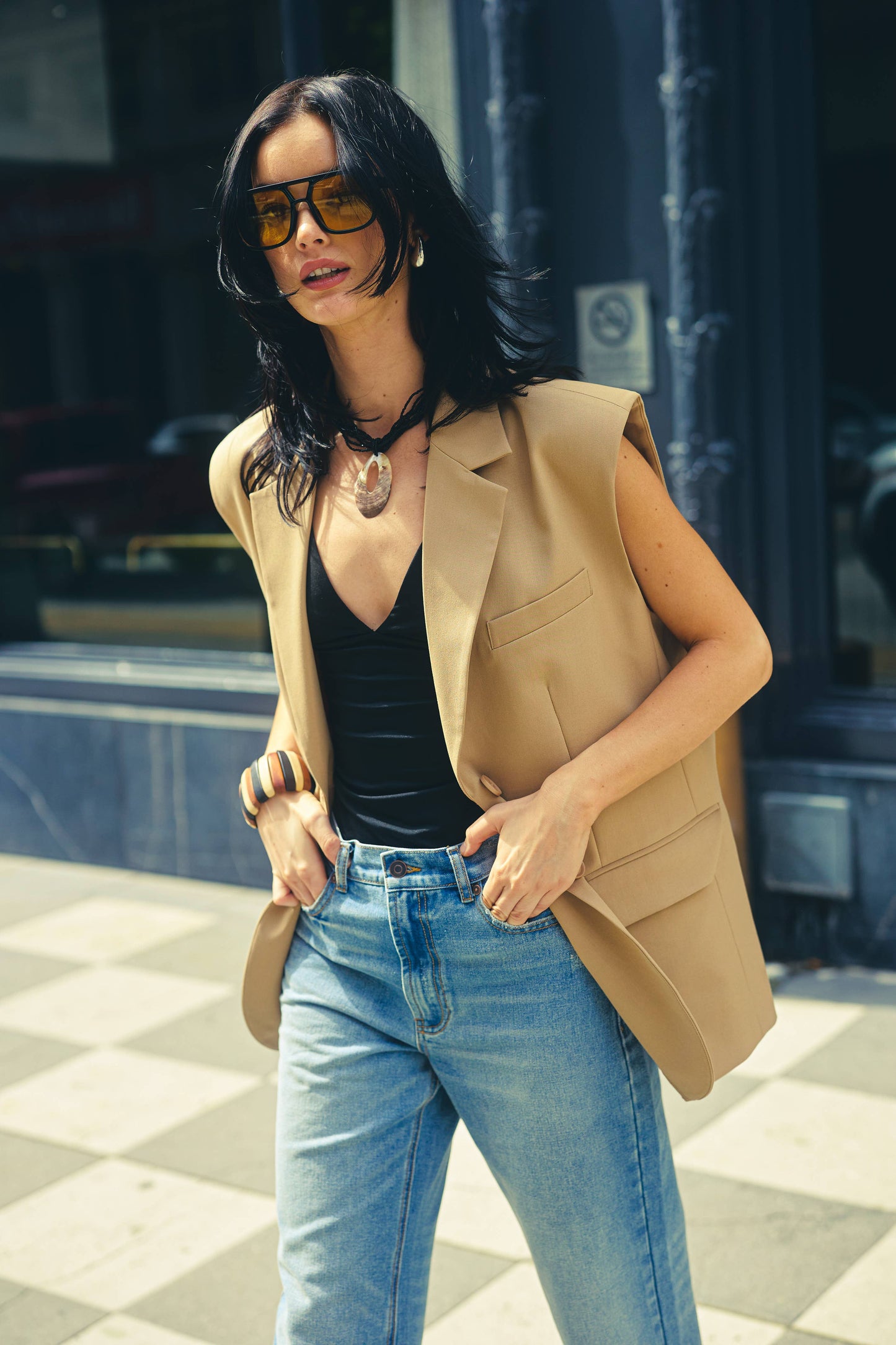 Structured Oversized Blazer Vest with Shoulder Pads
