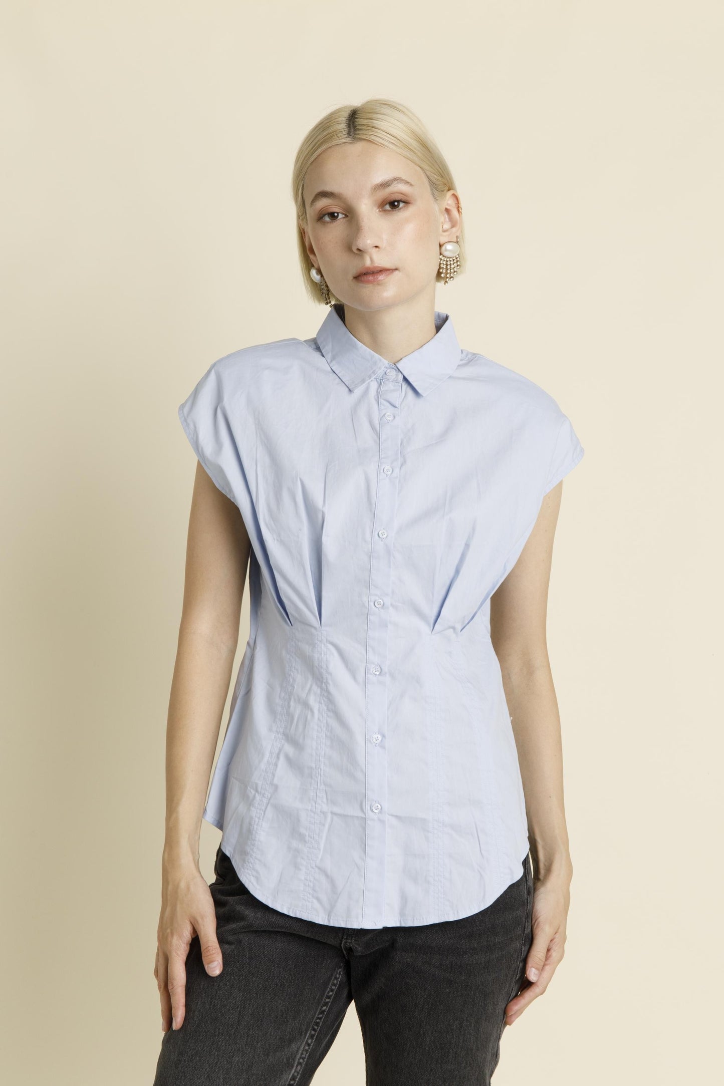 Blue Pleated Cap Sleve Blouse