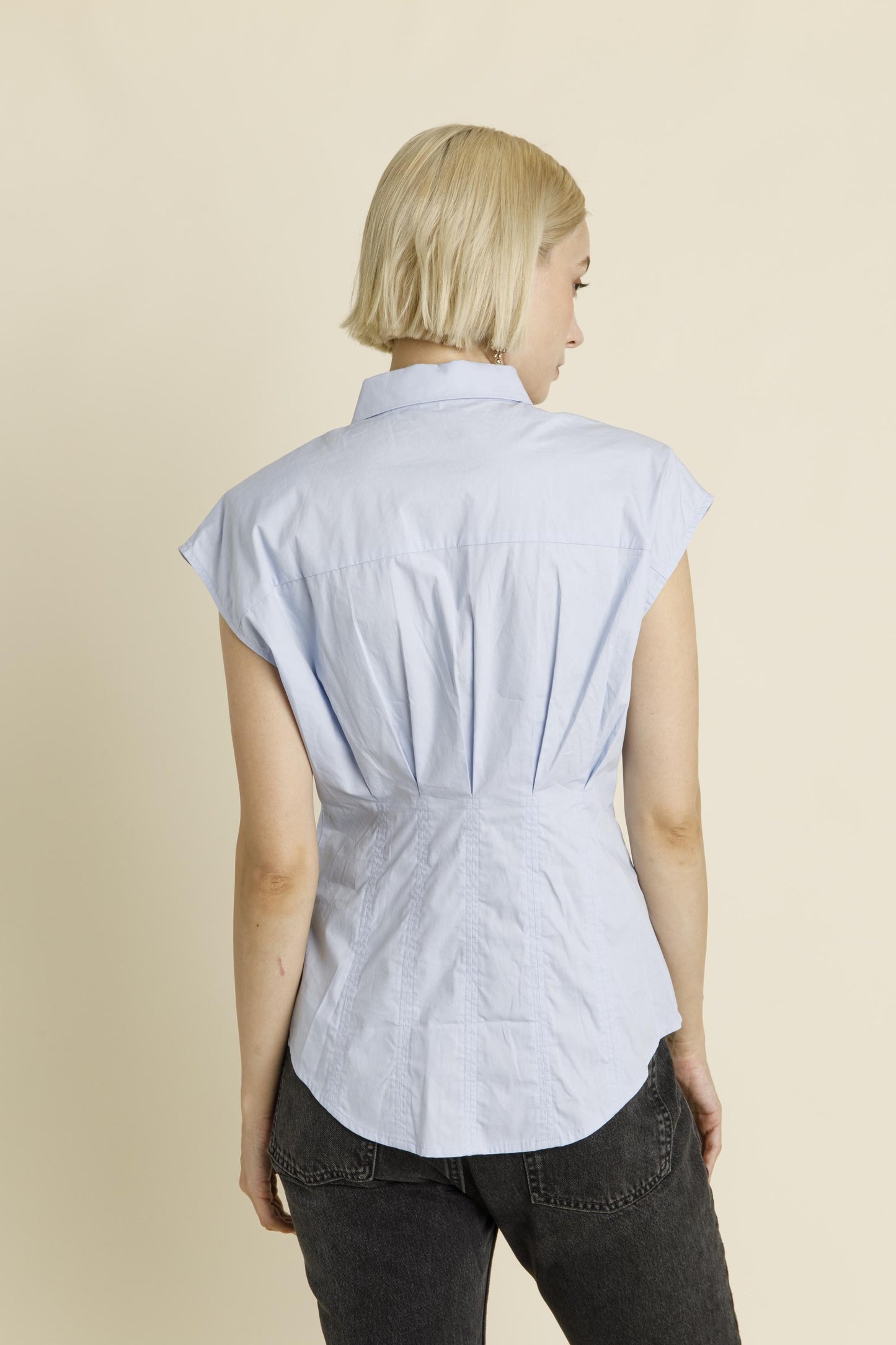 Blue Pleated Cap Sleve Blouse