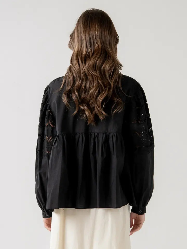Eyelet Lace LS Babydoll Blouse - BLK