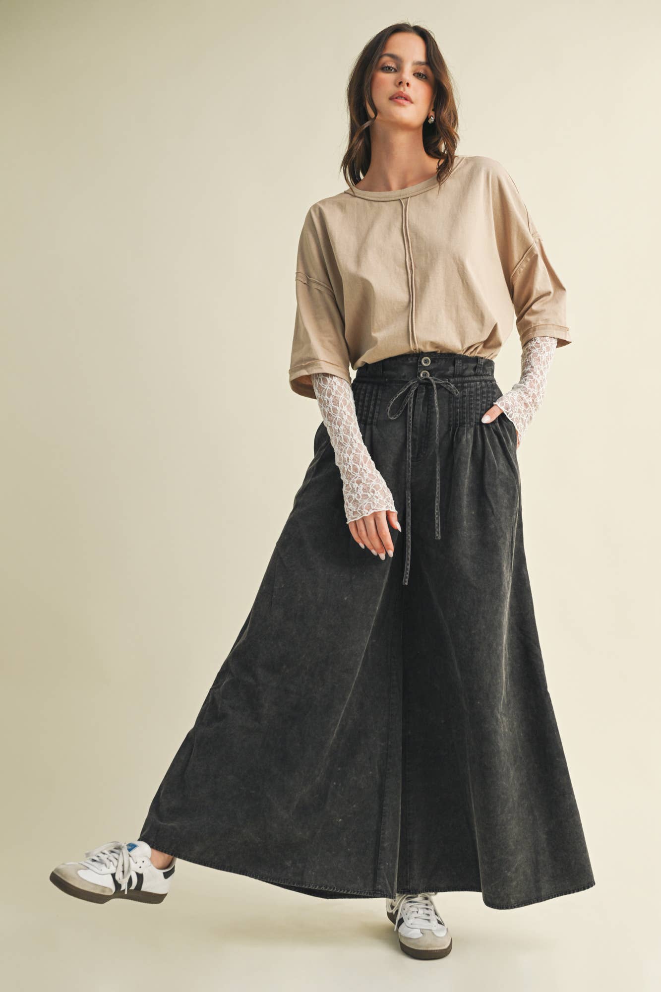 Olive Pintuck Wide Leg Pants