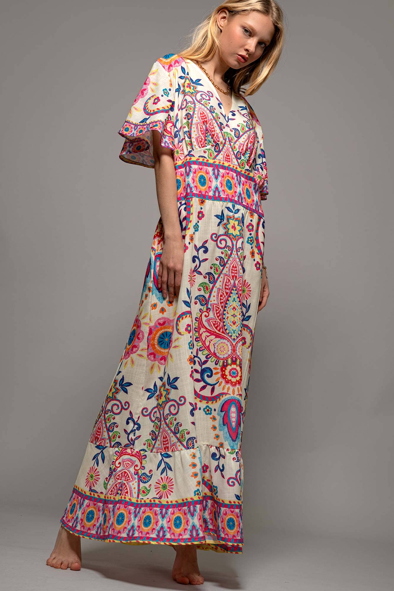Oversized Paisley Flutter Sleeve Smocked Dress