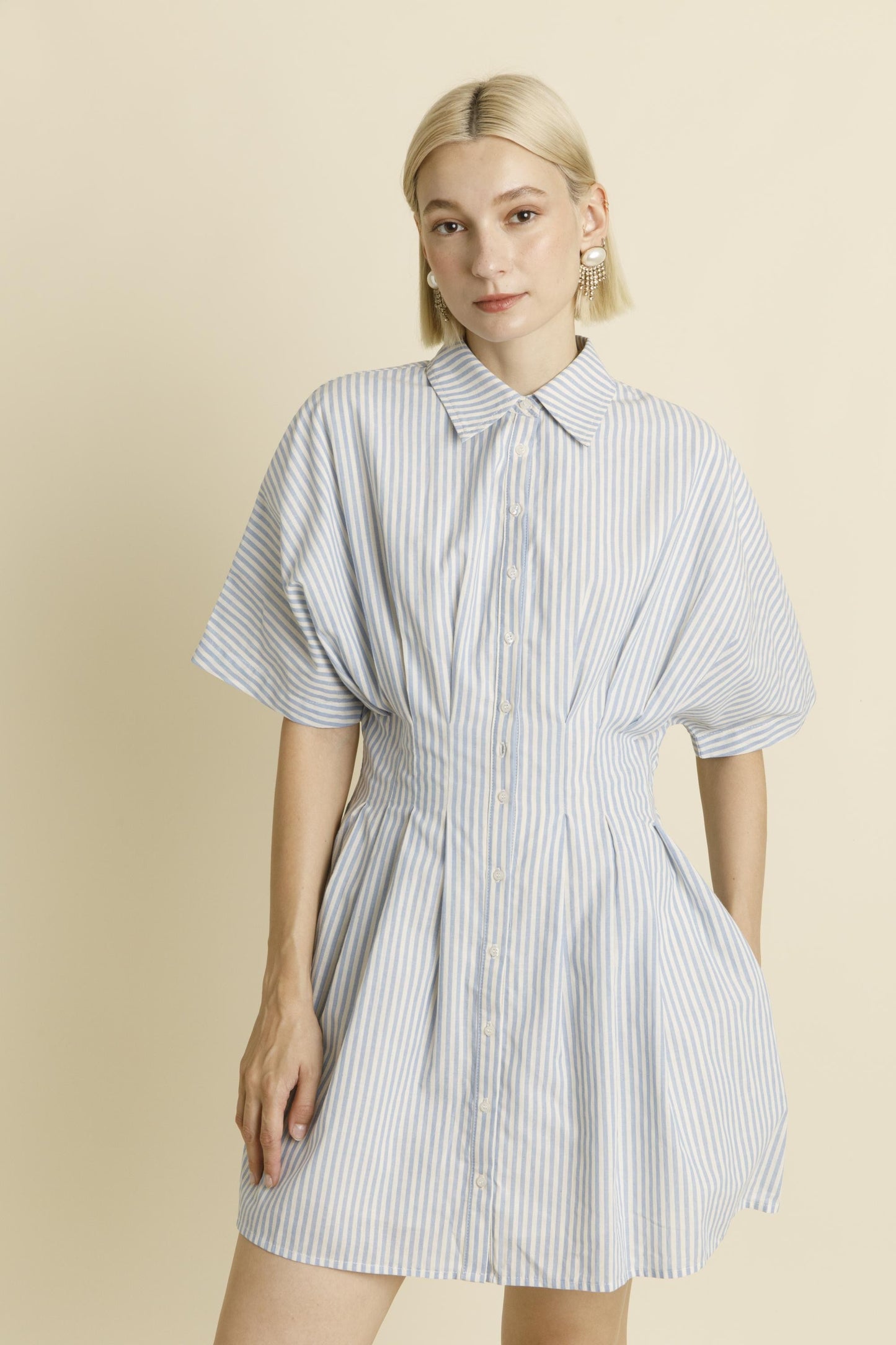Blue and White Striped Pleated Mini Dress