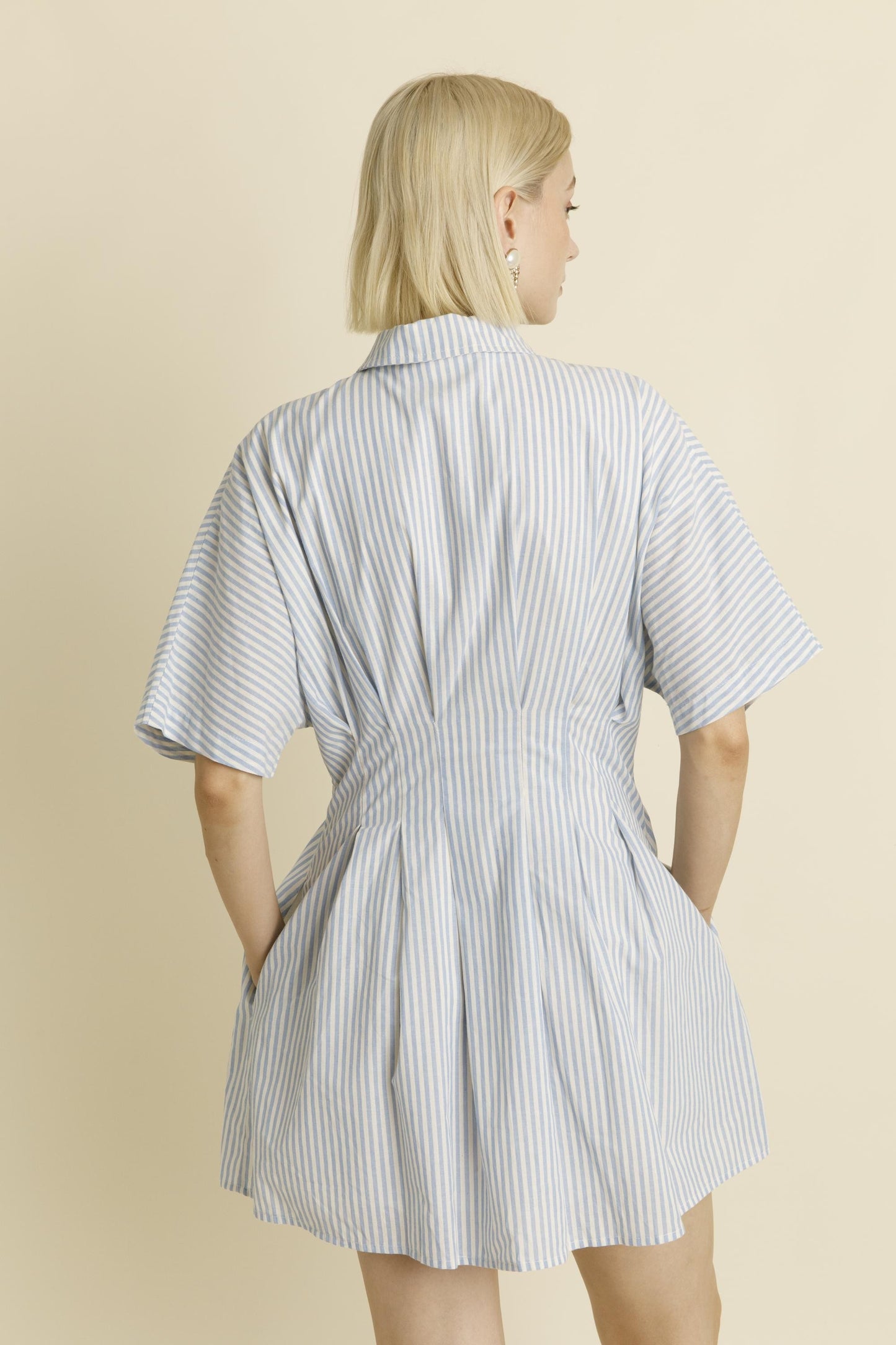 Blue and White Striped Pleated Mini Dress