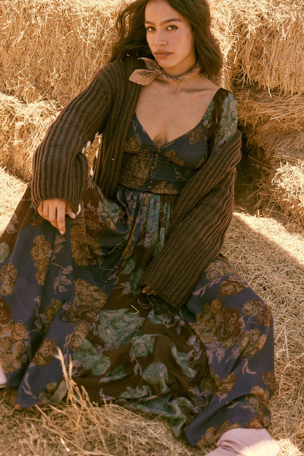 Floral-Print Smocked Sweetheart Maxi Peasant Dress