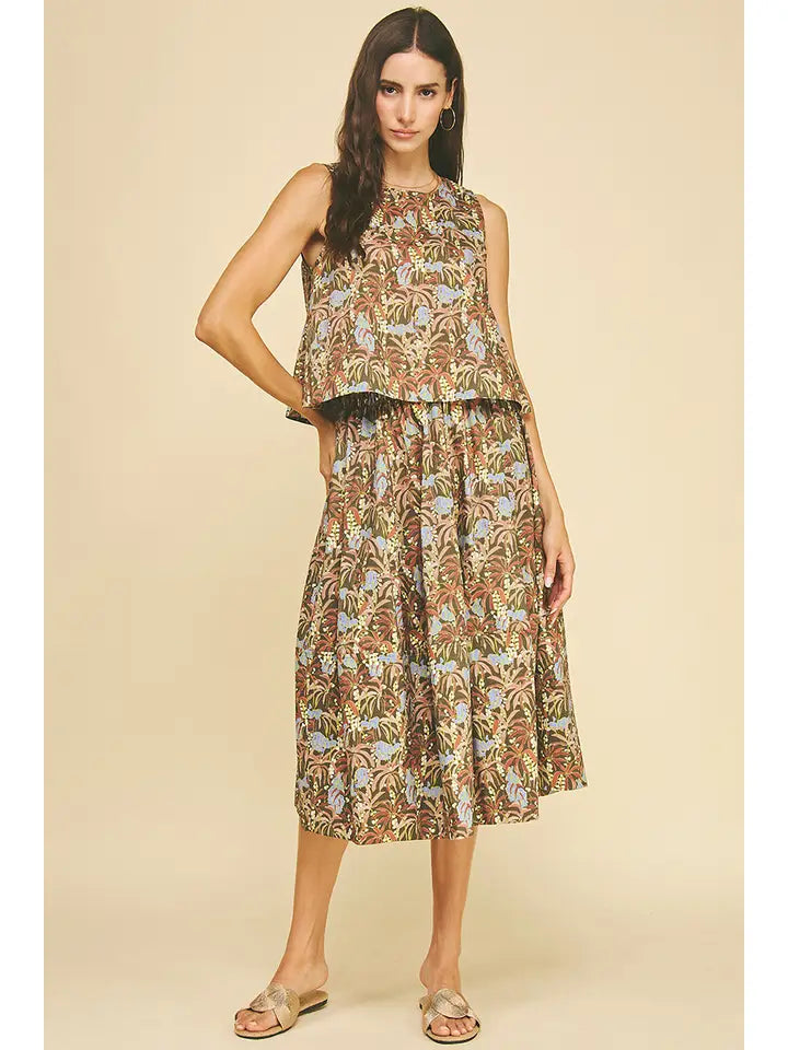 Deep Olive Printed Midi Skirt