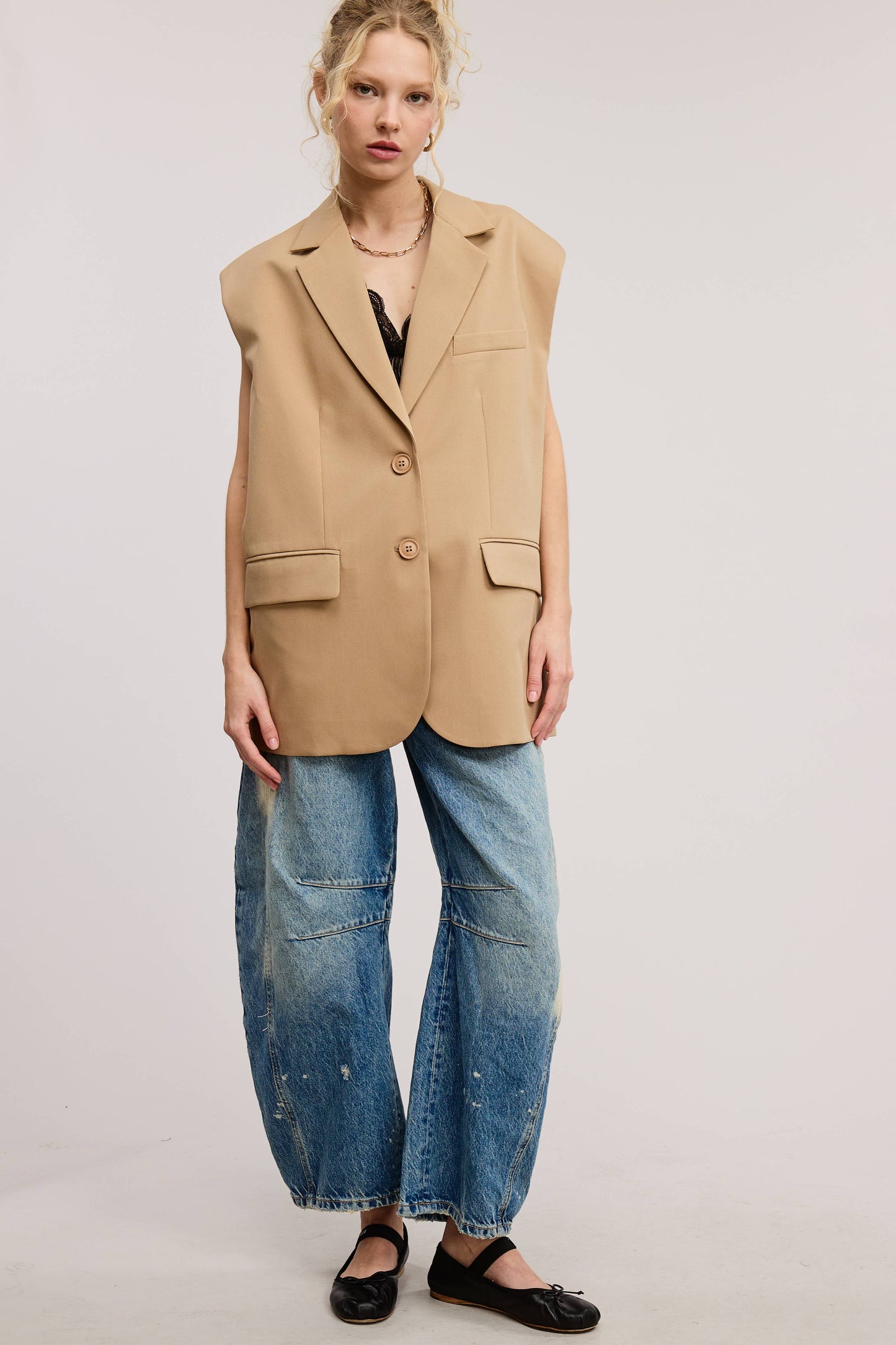 Structured Oversized Blazer Vest with Shoulder Pads