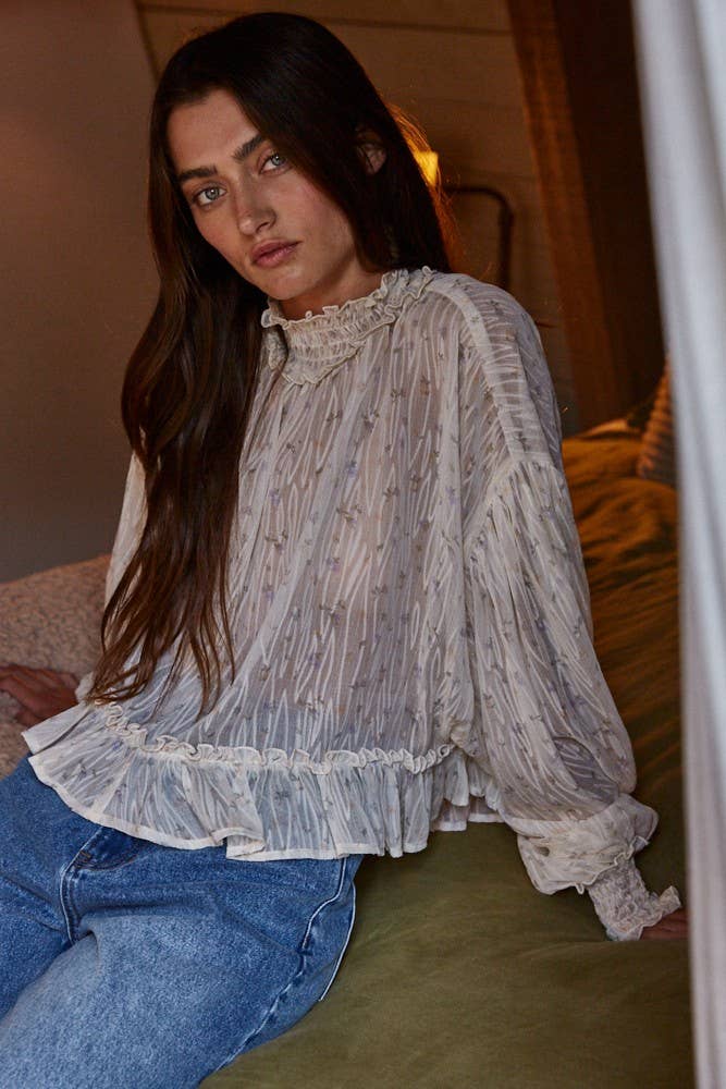 Floral Print See Through Smocked Top