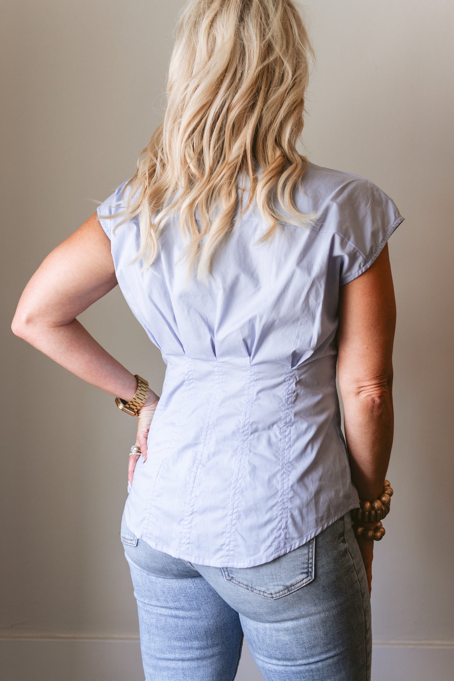 Blue Pleated Cap Sleve Blouse