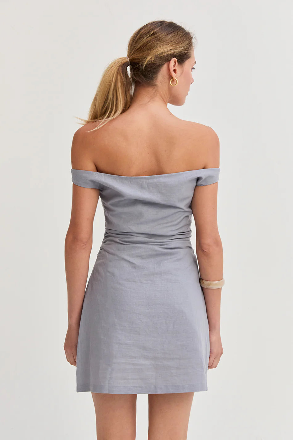Talia Off Shoulder Sid Ruched Linen Mini Dress