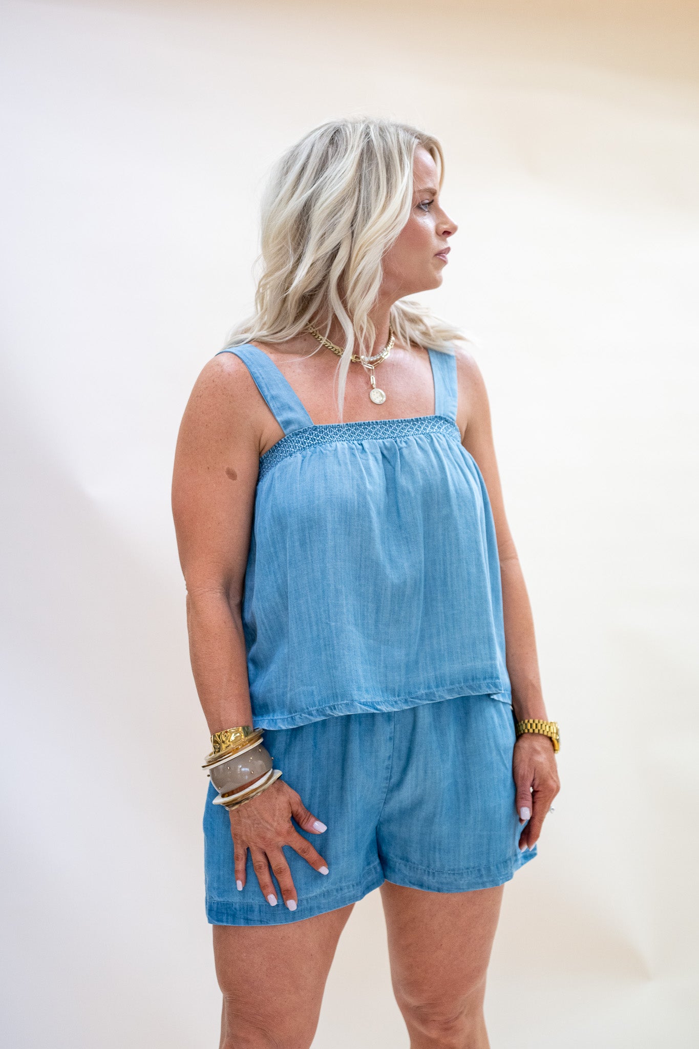 Sleeveless Chambray Embroidered Top