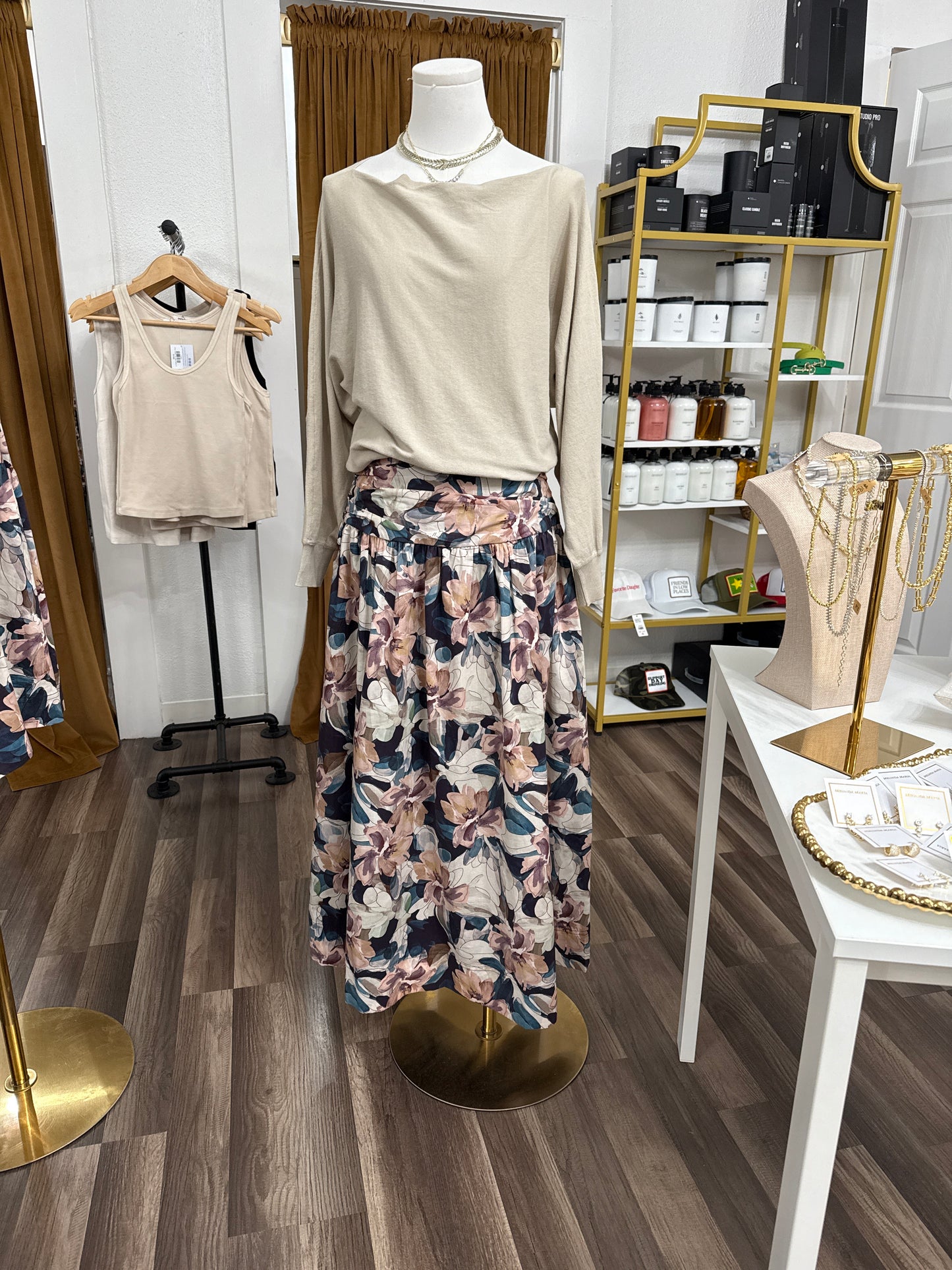 Dark Floral Shirred Maxi Skirt