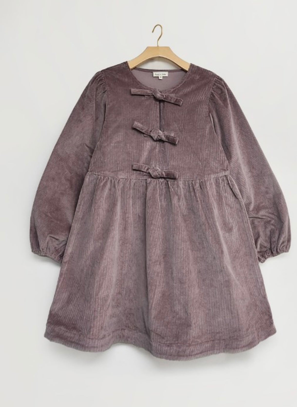 Brown Corduroy Babydoll Ribbon Tie Dress