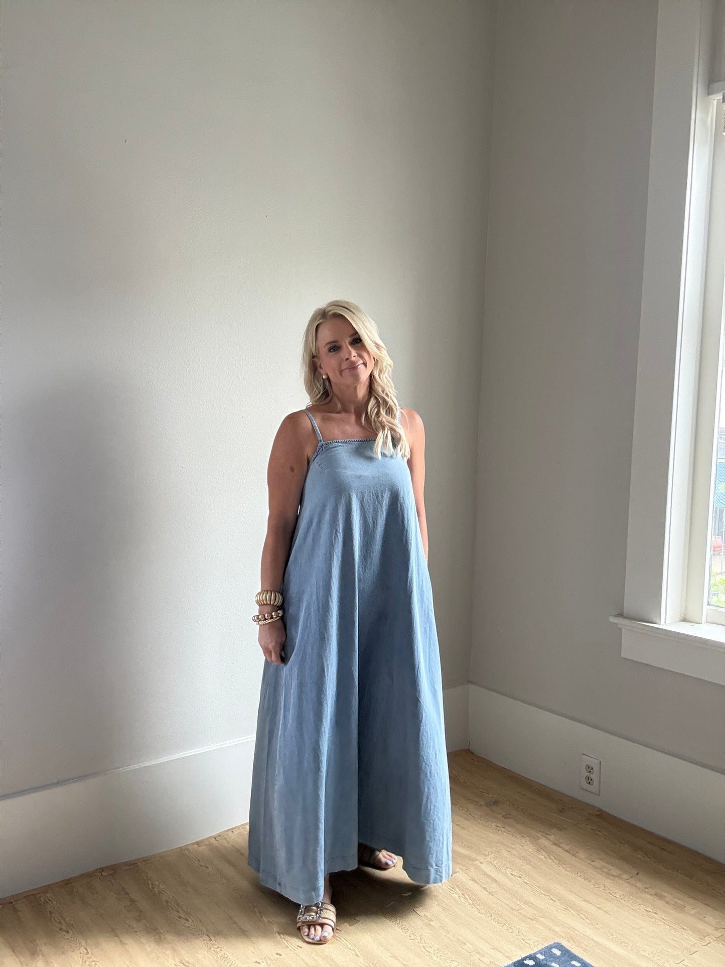 Sleeveless A-Line Denim Maxi Dress