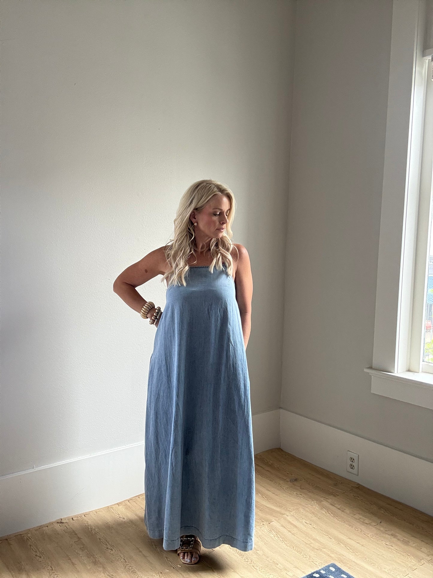 Sleeveless A-Line Denim Maxi Dress