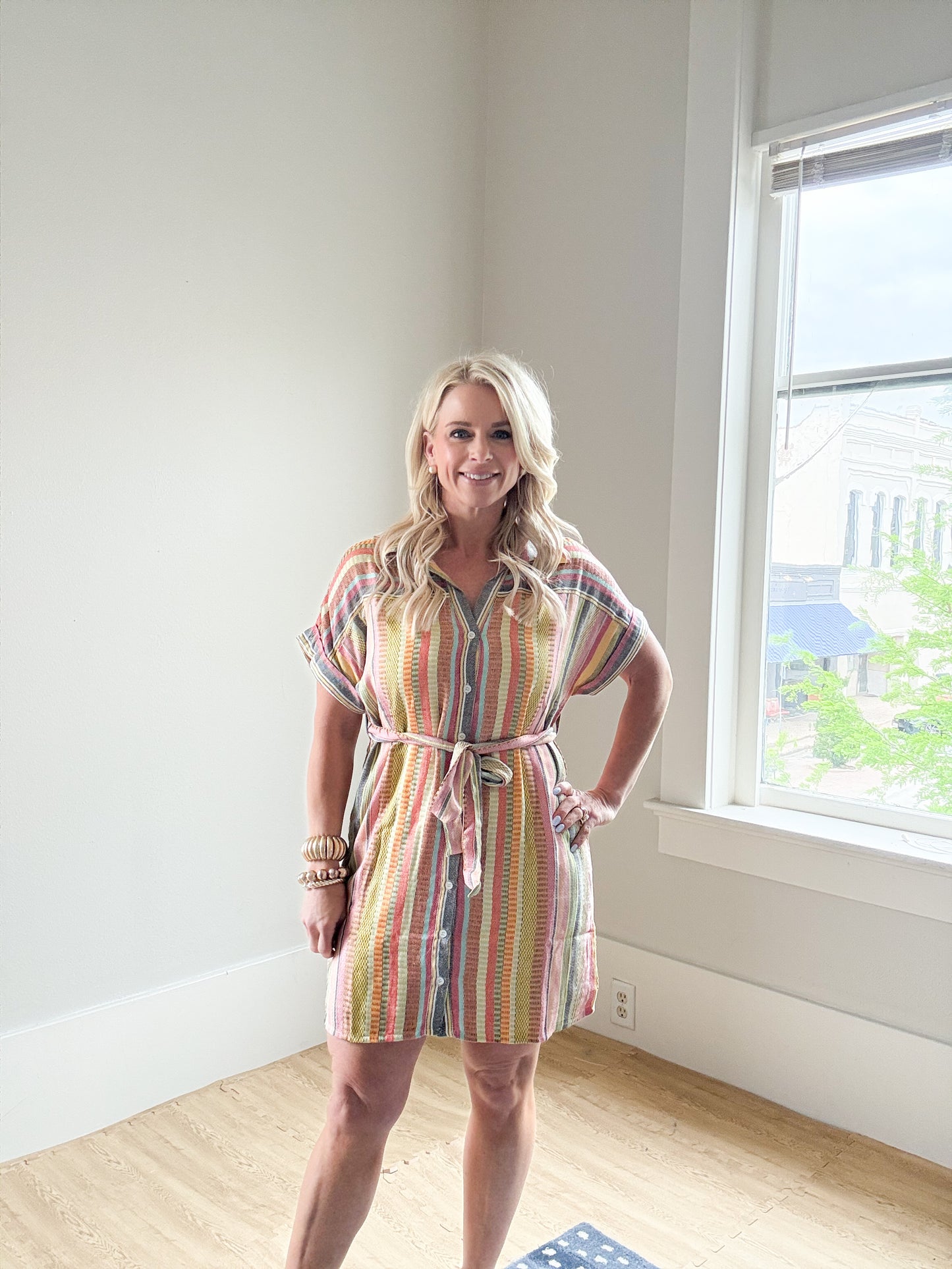 Vivid Stripe Belted Mini Dress