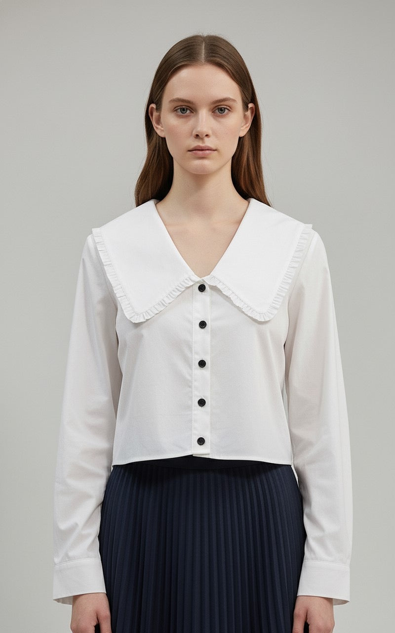 White O/S Collar w/Ruffles Button Down