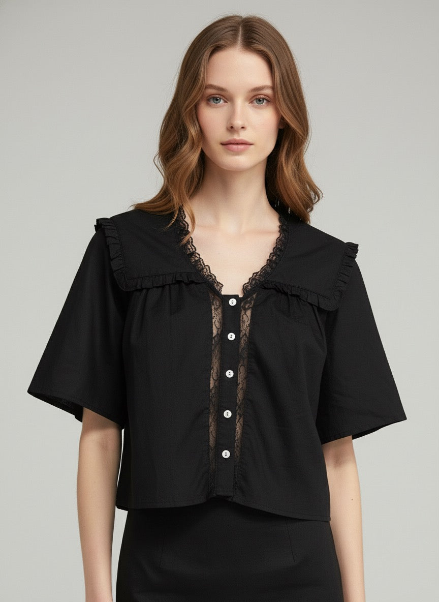 Black Voile Button Down Top w/Lace