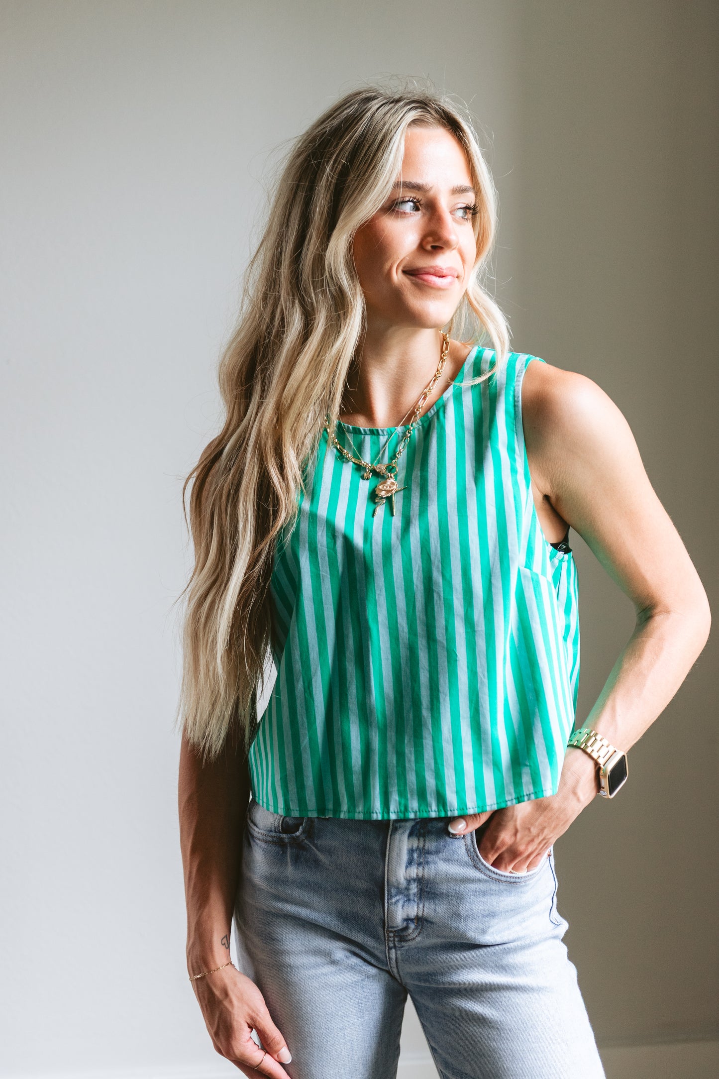 Green Stripe Sleeveless Top
