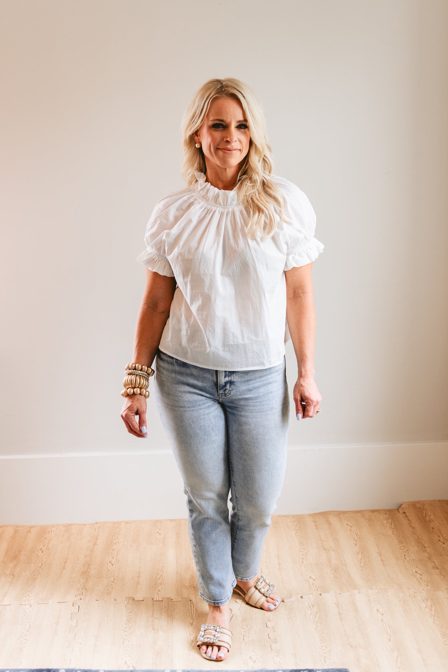 White Bubble Sleeve Ruffle Blouse