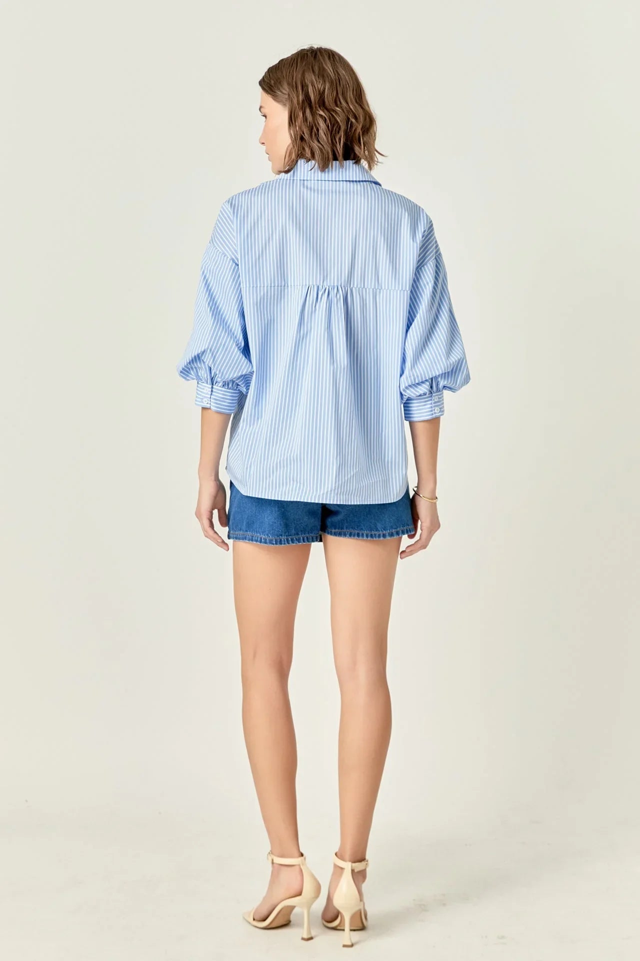 Blue/White Striped Balloon Sleeve Shirt