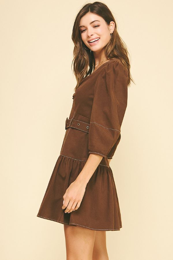 CoCo Puffed Sleeve Belted Mini Dress
