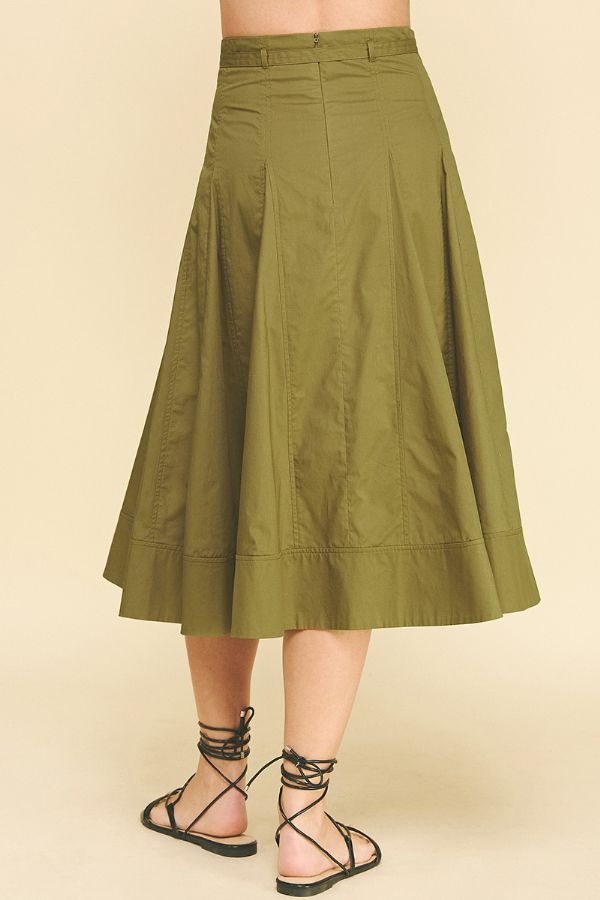 Khaki Pleated Midi Skirt with Tie
