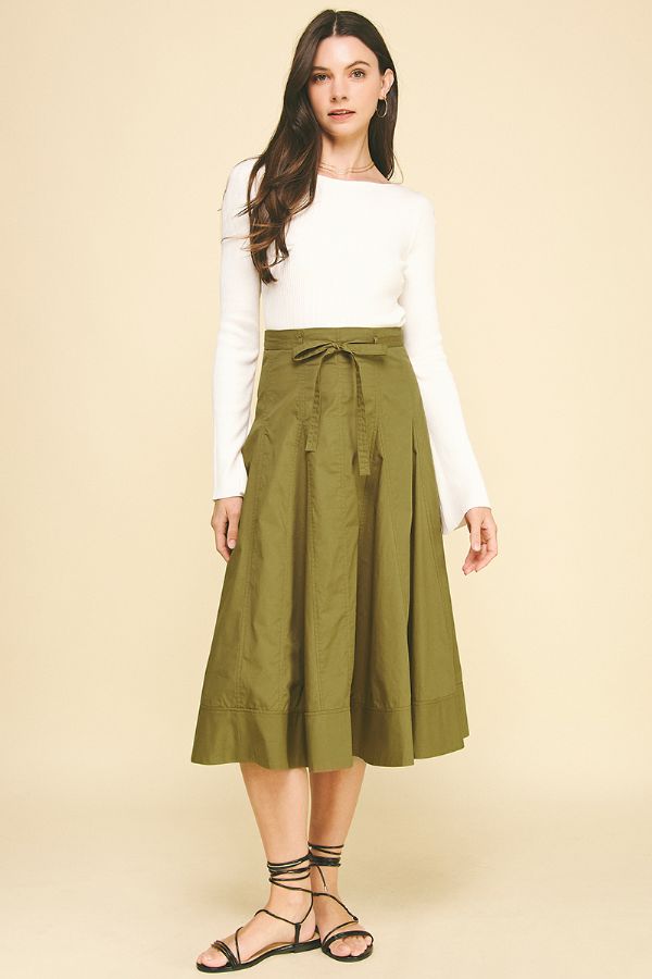 Khaki Pleated Midi Skirt with Tie