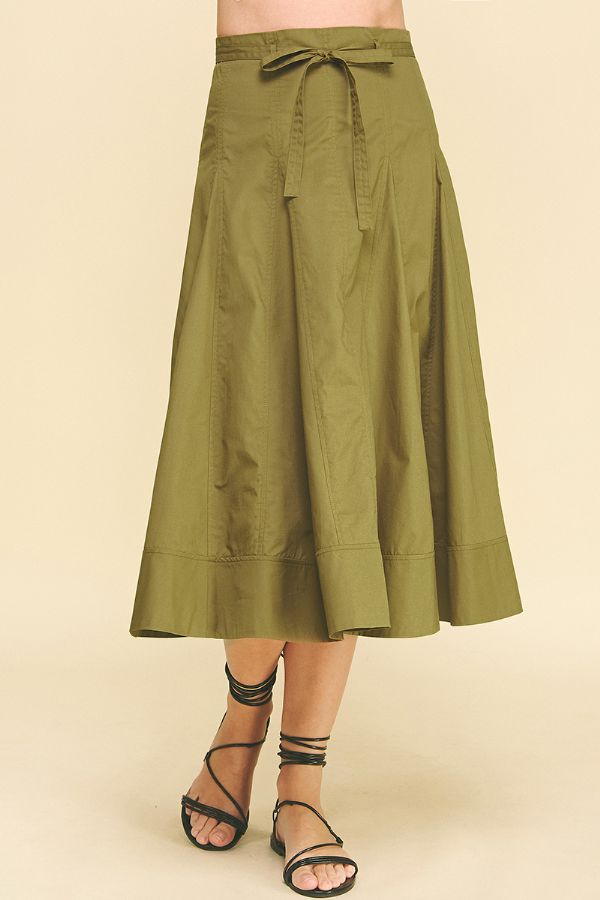 Khaki Pleated Midi Skirt with Tie