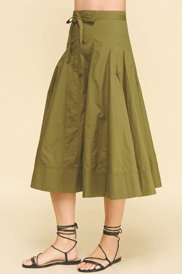 Khaki Pleated Midi Skirt with Tie