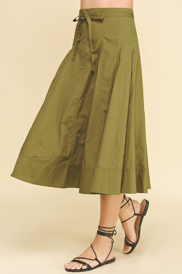 Khaki Pleated Midi Skirt with Tie
