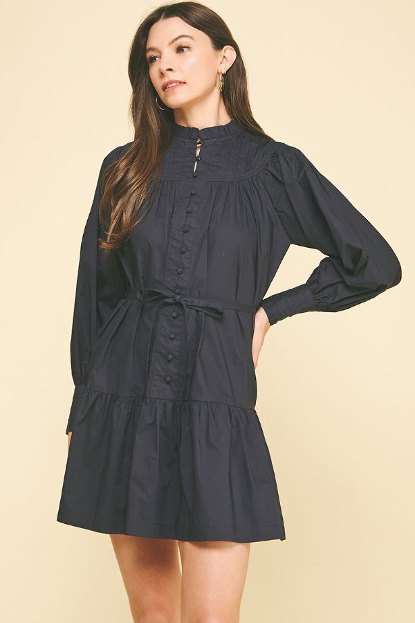 Mock Neck Button Down Mini Dress - Ink
