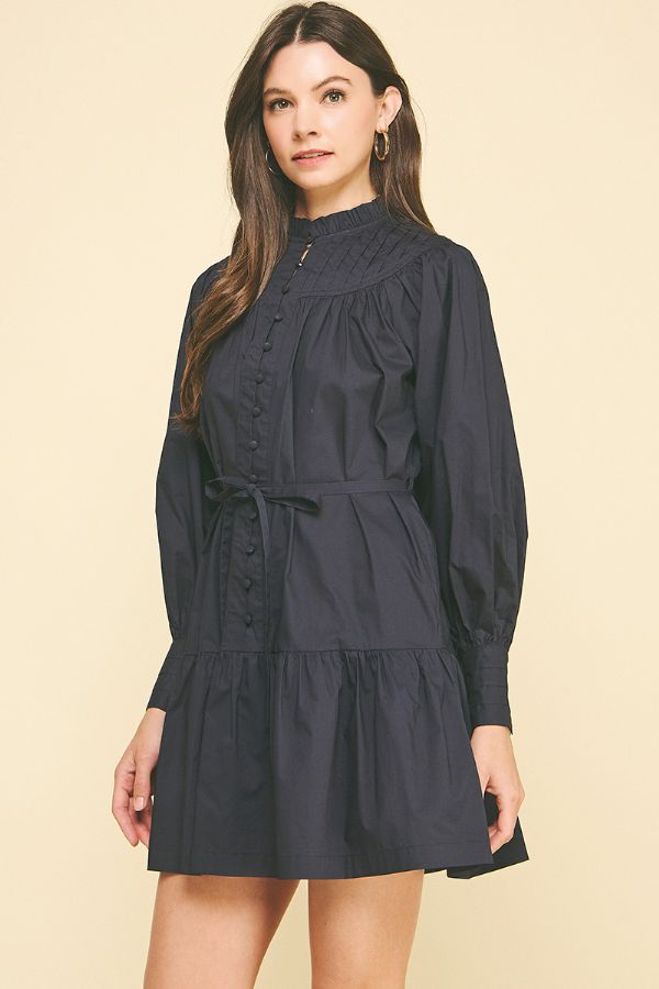 Mock Neck Button Down Mini Dress - Ink