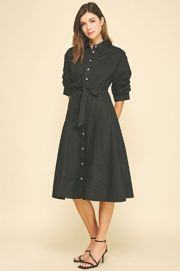 Button Down Midi Dress w/Tucked Sleeve - Ink
