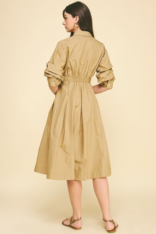 Button Down Midi Dress w/Tucked Sleeve - Khaki