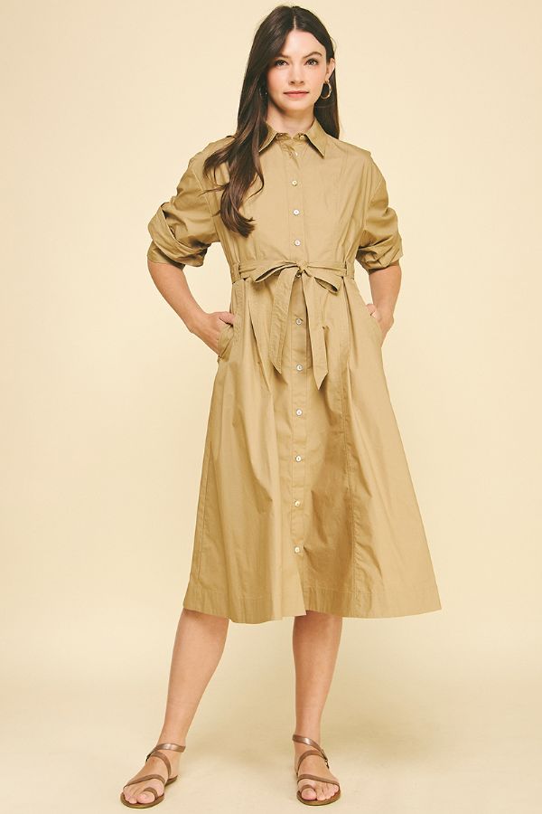 Button Down Midi Dress w/Tucked Sleeve - Khaki