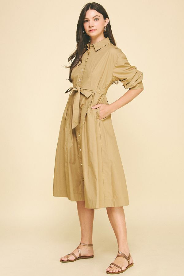 Button Down Midi Dress w/Tucked Sleeve - Khaki
