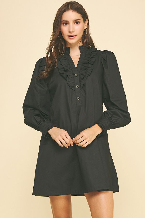 Ruffled Detail Mini Dress - Black