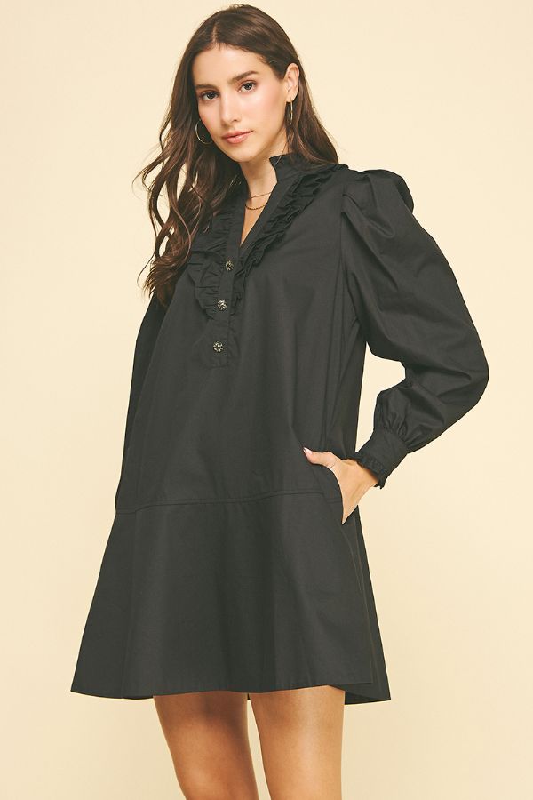 Ruffled Detail Mini Dress - Black