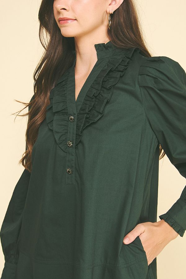 Ruffled Detail Mini Dress - Deep Green