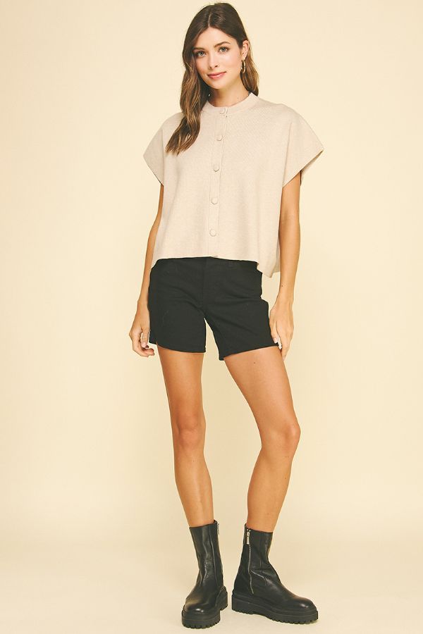 Button Down Cap Sleeve Sweater - Oatmeal
