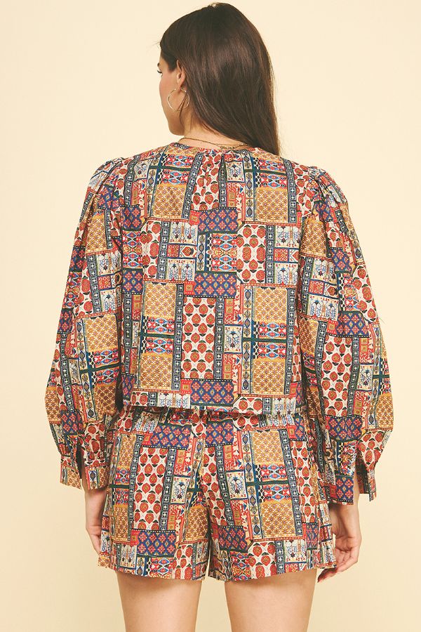 Patchwork Print Tie-Detailed Top